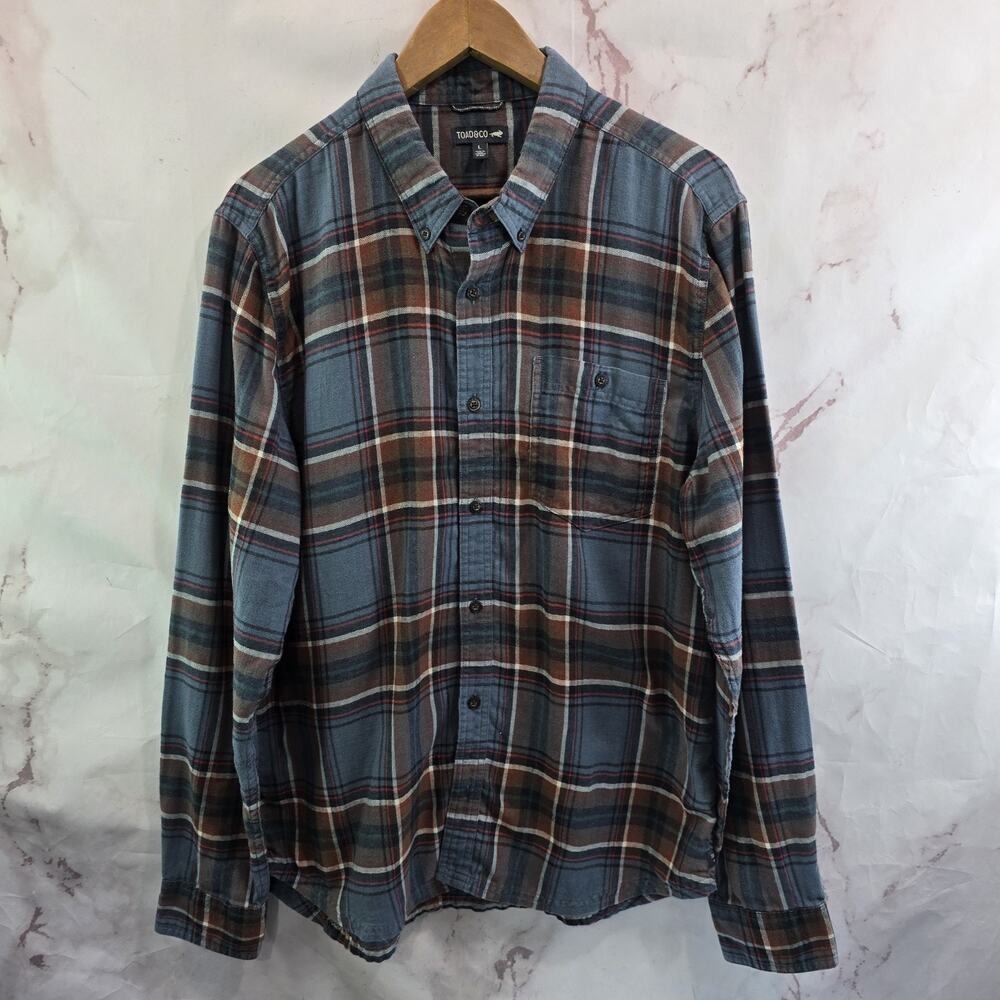 Toad & Co Shirt Mens Large Blue Brown Flannel Button Up Long Plaid Airsmyth